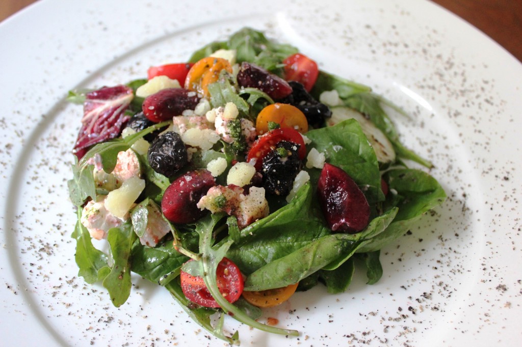 Arugula, Spinach, and Cherry Salad with Cherry and Tomato Vinaigrette